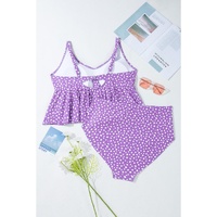 Purple Plus Size Polka Dot Print Ruffled Knotted V Neck Tankini Set - 3X thumbnail