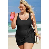 Black Solid Color Square Neck Knotted Plus Size One Piece Swimsuit - 1X thumbnail