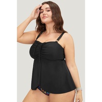 Black Drawstring Tied Front Flared Top Geometric Print Bottom Plus Size Tankinis - 1X thumbnail