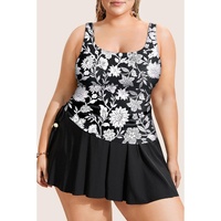 Black Plus Size Printed Square Neck Drawstring Ruffled Tankini Set - 2X thumbnail