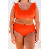 Orange Ruffled Trim Knotted High Waist Plus Size Bikini Set - 1X thumbnail