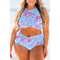 Sky Blue Plus Size Floral Print Twisted High Waist Bikini Set - 4X thumbnail
