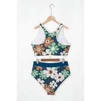 Green Floral Printed Zipped Plus Size Two Pieces Bikini - 2X thumbnail