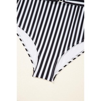 Black Stripe Plus Size Self Tie Straps O-Ring Waistband One Piece Swimsuit - 1X thumbnail