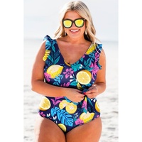 Blue Plus Size Printed V Neck Wrap Knot Ruffled One Piece Swimwear - 1X thumbnail