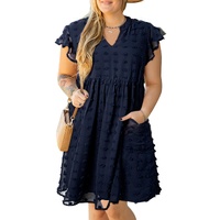 Navy Blue Dotty Textured Notched Neck Plus Ruffled Dress - 3X thumbnail