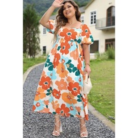 Orange Plus Size Flower Print Shirred Square Neck Maxi Dress - 2X thumbnail