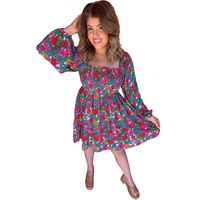 White Plus Size Floral Frilled Square Neck Shirred Long Sleeve Dress - 3X thumbnail