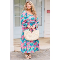 Sky Blue Floral Allover Print Shirred Square Neck Plus Size Maxi Dress - 1X thumbnail