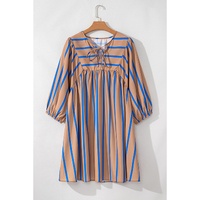 Khaki Stripe Contrast Striped Print 3/4 Sleeve Babydoll Plus Size Dress - 3X thumbnail
