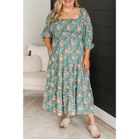 Green Plus Size Floral Print Square Neck Smocked Maxi Dress - 3X thumbnail