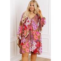 Rose Mixed Floral Long Sleeve V Neck Lace-up Hollowed Back Plus Size Dress - 3X thumbnail
