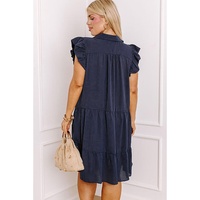 Navy Blue Collared V Neck Flutter Sleeve Tiered Plus Size Dress - 2X thumbnail