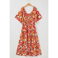 Orange Floral V Neck Flutter Sleeve Cinched Waist Long Plus Size Dress - 1X thumbnail