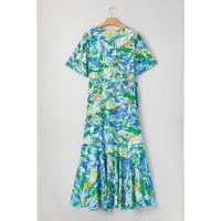 Green Leaves Print Short Sleeve Surplice Neck Ruffled Trim Plus Size Maxi Dress - 2X thumbnail