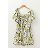 Green Plus Size Floral Print Shirred Square Neck Puff Sleeve Dress - 1X thumbnail