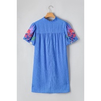 Sky Blue Plus Size Floral Embroidered Puff Sleeve Gingham Mini Dress - 2X thumbnail