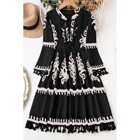 Black Plus Size Western Floral Print Fringed V Neck Dress - 1X thumbnail