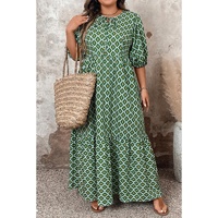 Green Geometric Floral Print Half Sleeve Plus Size Maxi Dress - 2X thumbnail