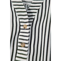 Black Stripe Short Sleeve Buttoned V Neck Pocketed Plus Size Mini Dress - 4X thumbnail