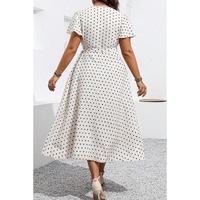 Khaki Polka Dot Surplice V Neck Tied Waist Flutter Sleeve Flowy Plus Size Midi Dress - 4X thumbnail