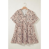Beige Printed Surplice V Neck Cuffed Sleeve Empire Waist Plus Size Dress - 2X thumbnail