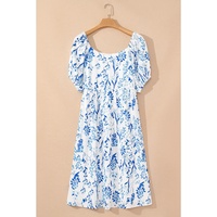 Sky Blue Floral Print Sweetheart Neck Plus Size Midi Dress - 4X thumbnail