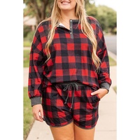 Fiery Red Christmas Buffalo Print Henley Top and Shorts Plus Size Set - 1X thumbnail