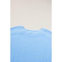 Light Blue Plus Size Ribbed Long Sleeve Top and Drawstring Shorts Set - 3X thumbnail