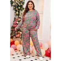 Green Plus Size Printed Long Sleeve and Pants Lounge Set - 3X thumbnail