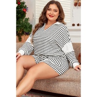 Black Stripe Collared V Neck Long Sleeve Top Plus Shorts Set - 3X thumbnail