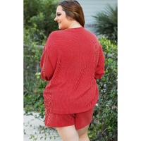 Racing Red MERRY Ribbed Knit Long Sleeve Lace-up Waist Plus Size Set - 4X thumbnail