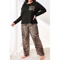 Black Leopard Patched Pocket Long Sleeve Top Plus Size Pants Set - 1X thumbnail
