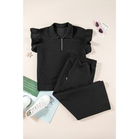 Black Plus Ruffled Sleeve Quarter Zip Top Wide Leg Pants Set - 1X thumbnail
