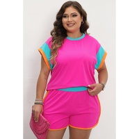 Rose Red Colorblock Patchwork Cap Sleeve Top Plus Size Shorts Set - 1X thumbnail