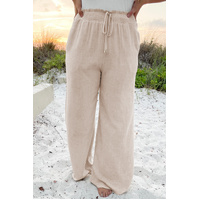 Beige Smocked High Waist Wide Leg Plus Size Pants - 2X thumbnail
