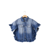 Peacock Blue Ruffled Frayed Short Sleeve Plus Size Denim Jacket - 4X thumbnail