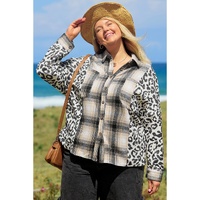Black Plus Size Plaid Leopard Printed Patchwork Button Up Shacket - 1X thumbnail