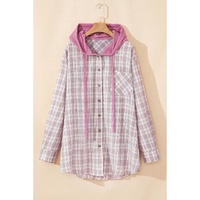 Bonbon Plaid Print Drawstring Hooded Button-up Plus Size Shirt - 1X thumbnail