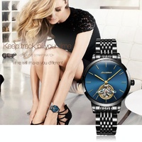 Waterproof Automatic Mechanical Watch for Women with Simple Hollow Design - Black Steel Strip Blue thumbnail
