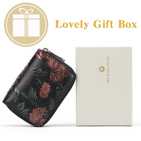 Black Background With Red Roses Floral Embossed Genuine Leather Card Holder - Large Capacity 10 Card Slots, RFID Blocking, Double Zipper Coin Pouch thumbnail