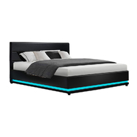 Artiss Lumi LED Bed Frame PU Leather Gas Lift Storage - Black Queen