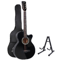 Alpha 38 Inch Acoustic Guitar Wooden Body Steel String Full Size w/ Stand Black