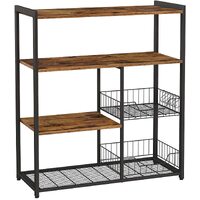 Baker&#39;s Rack with 2 Metal Mesh Baskets, Shelves and Hooks, 80 x 35 x 95 cm, Industrial Style, Rustic Brown