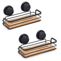 2 Pack Rectangular Bamboo Corner Shower Caddy Shelf Basket Rack with Premium Vacuum Suction Cup No-Drilling for Bathroom and Kitchen