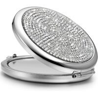 Mini Small Diamond 1X/2X Magnifying Round Metal Pocket Makeup Mirror (Silver)