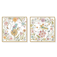 Wall Art 60cmx60cm Floral birds 2 Sets Gold Frame Canvas
