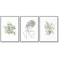 Wall Art 40cmx60cm Botanical Line Girl 3 Sets Black Frame Canvas