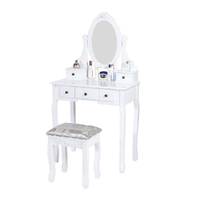 Carved Dressing Vanity Table Set with Mirror&Stool- White