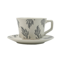 High-Fired Ceramic Stoneware Speckle Cup &amp; Saucer Set 380ml Floral Tea Spoon EARTHY GREY